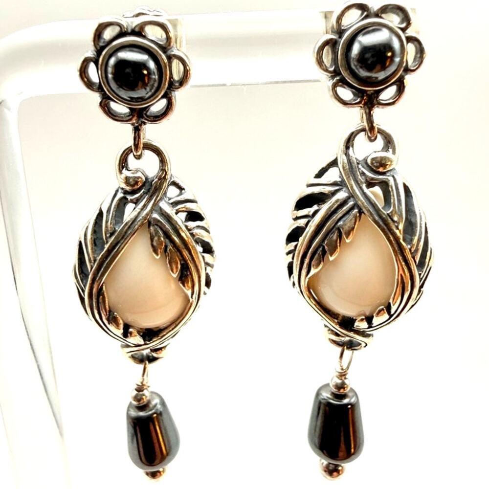 Carolyn Pollack Relios 925 Silver White Agate Hematite Dangle Earrings